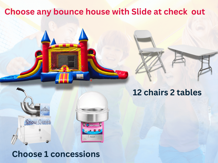 #2 Bounce House with Slide ( 1 concessions, 12 chairs 2 Tabl