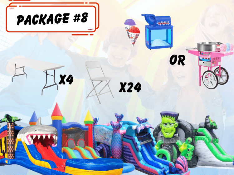#8 Bounce House with Slide + 24 Chairs 4 Tables + Concession